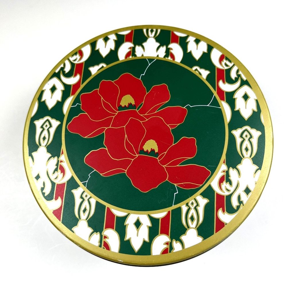 Vintage Poinsettia Christmas Cookie Tin Round Container Christmas Display